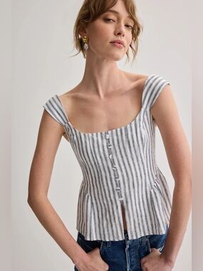 Reformation Evie striped Linen Top size 10 white blue